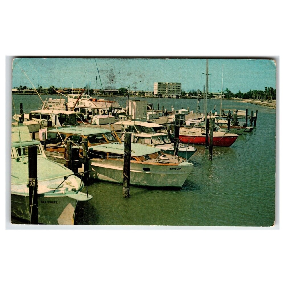 1961 Sarasota FL City Yacht Basin Marina Boats Plastichrome Postcard